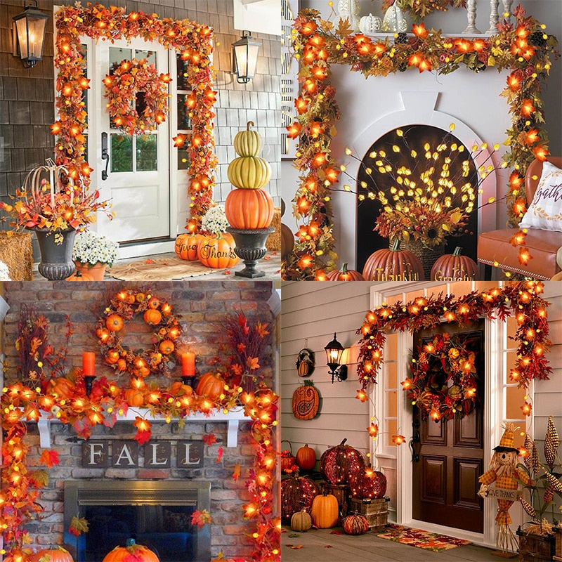 Qfdian halloween decorations halloween costumes halloween gift10/20Leds Pumpkin Maple Leaves Light String Fall Garland Battery Powered Indoor Outdoor Garden Halloween Thanksgiving Home Decor