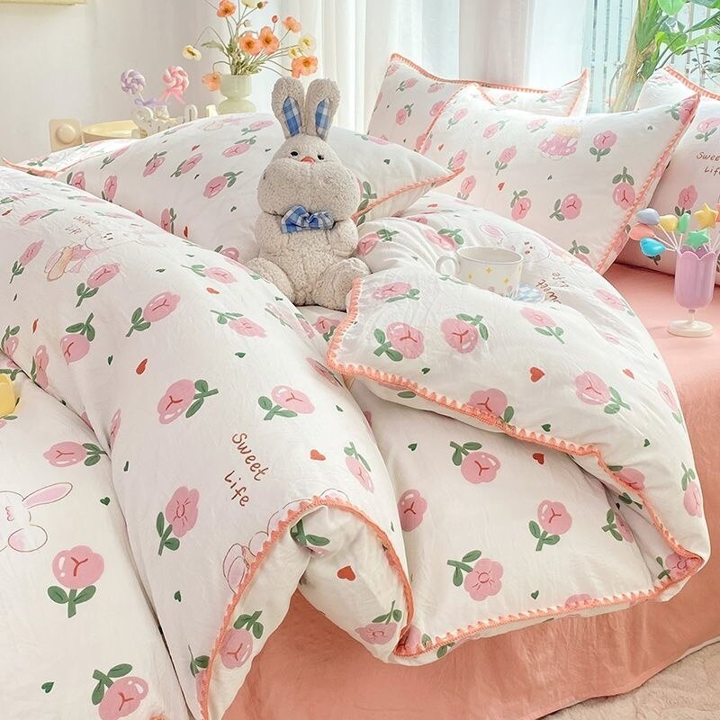 Ins Flower Bedding Sets Floral Summer Duvet Cover With Flat Sheet For Girls Woman Deocr Bedroom