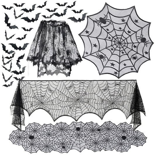 Qfdian halloween decorations halloween costumes halloween gift Halloween Bat Table Runner Black Spider Web Lace Tablecloth Fireplace Curtain for Halloween Party Decoration Horror House Props