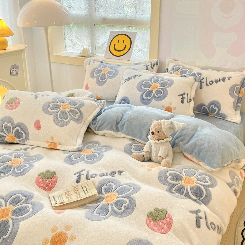 Winter Thick Warm Plush Comforter Cover Queen Bedding Sets Cartoon Quilt Cover Bed Sheet Pillowcase 4pcs Luxury Bed Linens