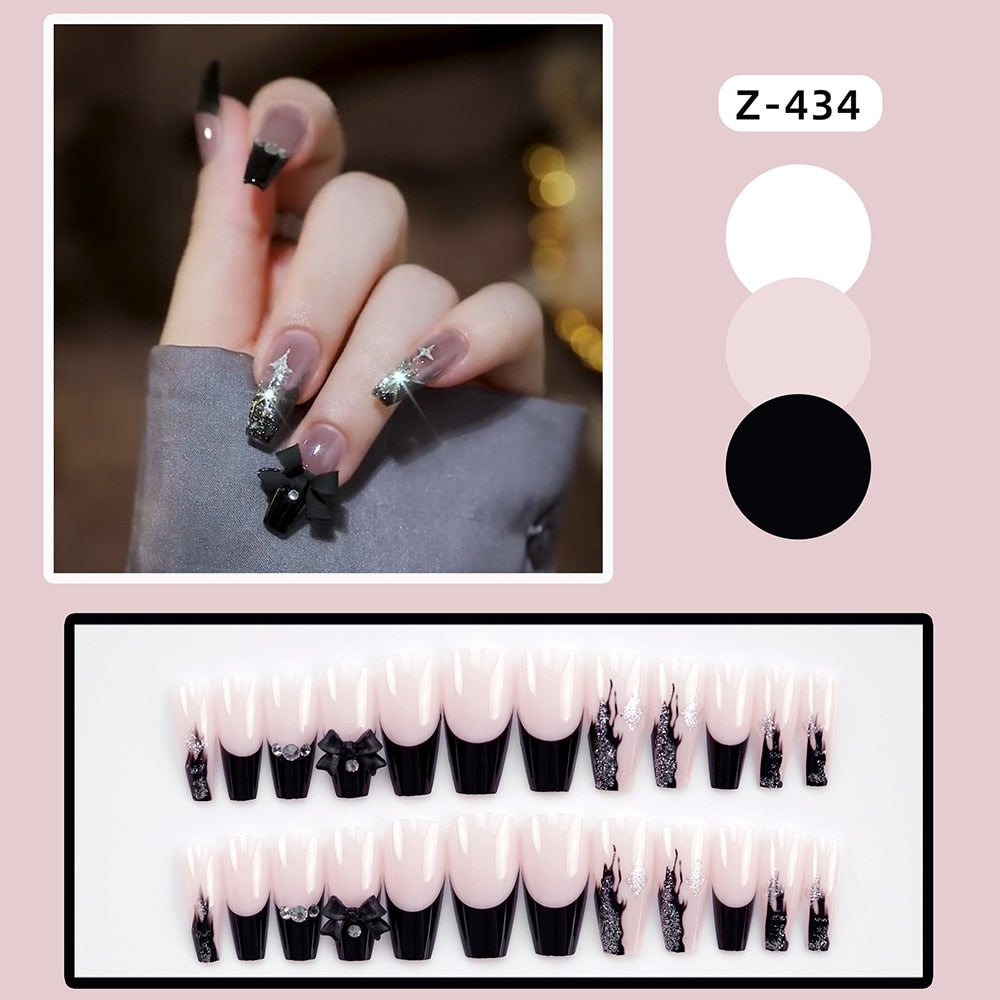 24Pcs Coffin Pink False Nails 3D Heart Diamond y2k Mid-length Fake Nails Full Finished Tulip Pattern Fake Nail Patches For Girls