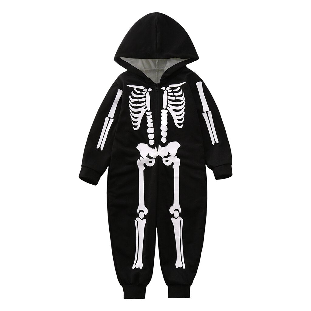 Qfdian halloween decorations halloween costumes halloween giftHalloween Family Matching Outfits Fashion Skeleton Print Hooded Jumpsuit Pajama Family Look Father Mother Kids Halloween Costume