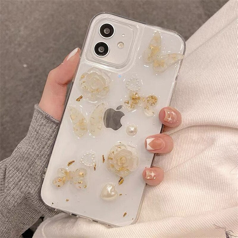 Qfdian iphone 13 pro max case Sweet Three-dimensional Butterfly White Rose Pearl Fashion Phone Case For iphone 11 12 13 Mini Pro Max XS XR SE 8 7 Plus Cover