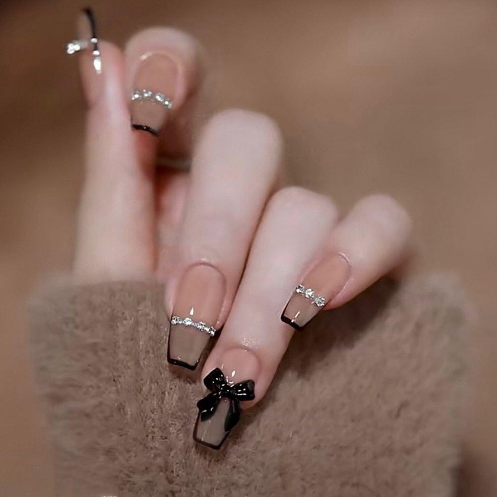 24PCS Glitter Press On Nails Korean Style Heart Rhinestone Design Coffin Fake Nails Full Cover Acrylic Nails Tips for girls Gift