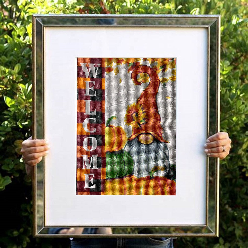 Qfdian halloween decorations halloween costumes halloween gift Full Square Diamond Painting Gnomes Welcome Diamond Embroidery Mosaic Picture Cross Stitch Kits Home Decoration Navidad Gifts