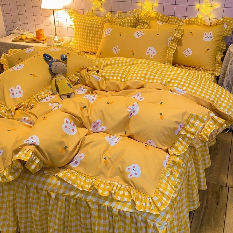 Floral Duvet Cover Set With Bed Skirt Pillowcase Princess Style Bedding Sets For Girl Woman Bed Linens Decor Bedroom 150x200cm