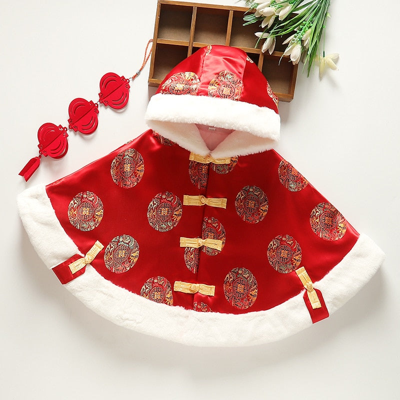 Tang Suit Baby Cloak Children's Chinese Top New Year's Wear Festive Windproof Plus Velvet Hooded Cloak Thickened Warm Bucket