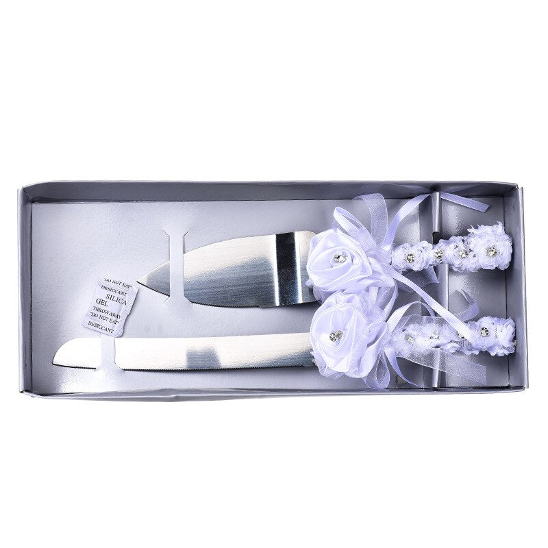 Ribbon Flower Decorated Stainless Steel Shovel Cake Pizza Knife Serving Set for Wedding Birthday Party Wedding Cake Cutter