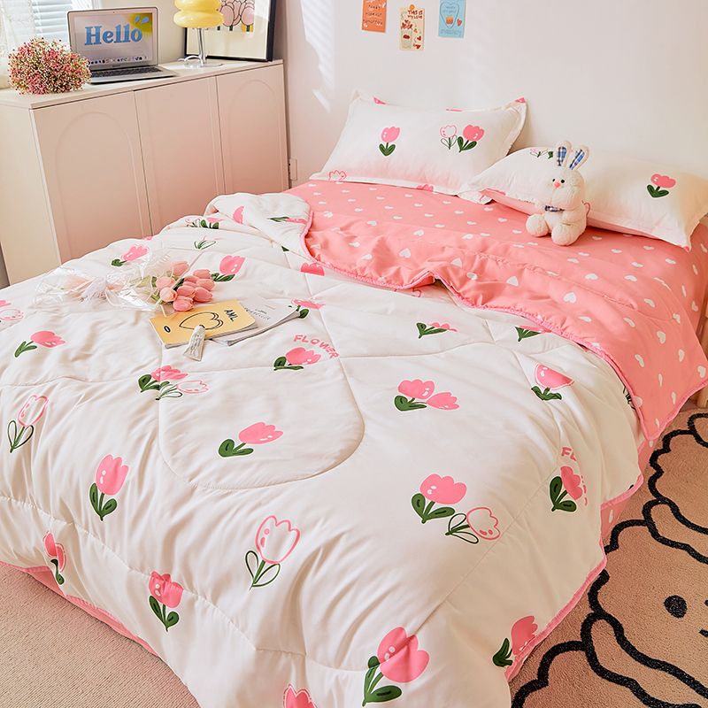 Qfdian Princess Style Summer Quilts Washable Floral Cartoon Single Double Queen Blanket Bedspread Air Conditioning Girls Boys Comforter