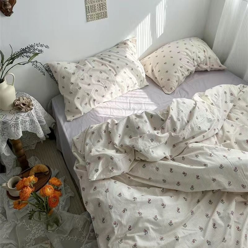 Ins Pastoral style Yellow Small Flowers Bedding Set Twin Queen Size Duvet Cover Flat Sheet Pillowcase Princess Girl Bed Linen