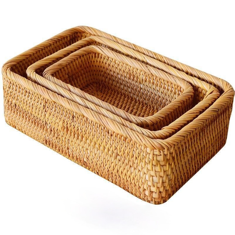 Qfdian home decor hot sale new Hand-woven Rattan Wicker Basket Fruit Tea Snack Bread Basket Cosmetic Rectangular Storage Box Household Kitchen Supplies