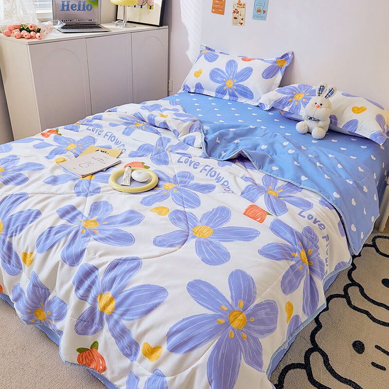 Qfdian Princess Style Summer Quilts Washable Floral Cartoon Single Double Queen Blanket Bedspread Air Conditioning Girls Boys Comforter