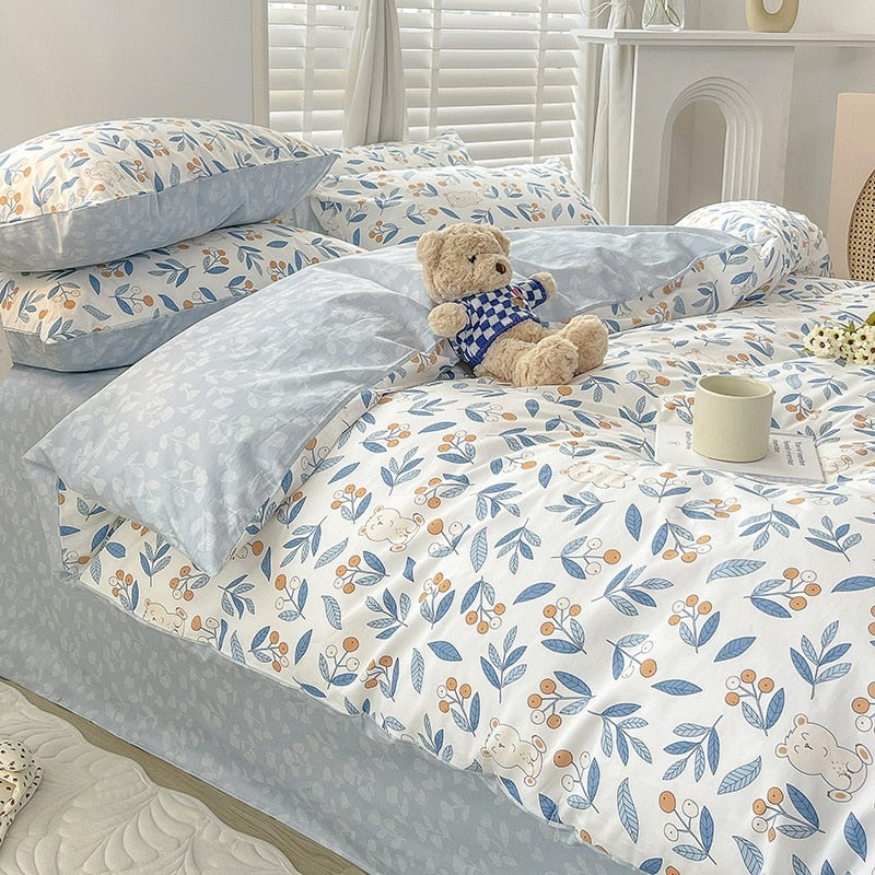 Cotton Bedding Set Pastoral Style Floral Bear Fitted Sheet Duvet Cover Pillowcase Fashion Cartoon Boy Girls Dormitory Bedclothes