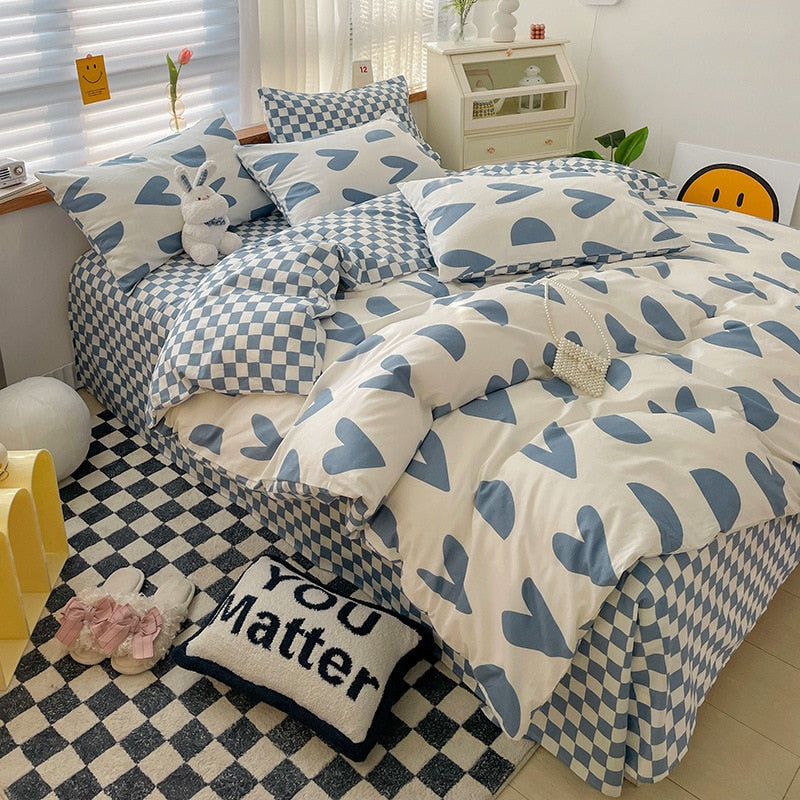 Ins Style Bedding Set Cotton Soft Flat Fitted Sheet Duvet Cover Pillowcase Floral Rabbit Boy Girls Home Textile Bedclothes