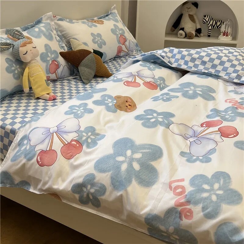 Ins Pastoral Style Green Floral Duvet Cover With Pillow Case Princess Bed Sheet Kids Girls Bedding Set King Queen Cute Kawaii