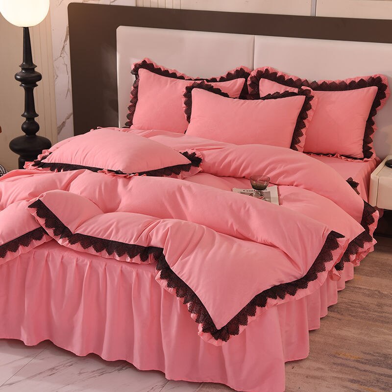 Luxury Solid Color Bedding Sets Princess Style French Lace Duvet Cover Bed Skirt Bedclothes For Girls 4 Piece Home Textiles