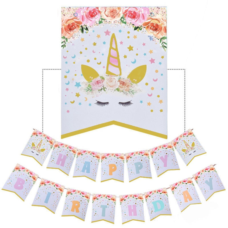 Qfdian Party decoration hot sale new Kids Birthday Party Decoration Kits Happy Birthday Banner Shark Flag Bunting Ballet Girl Unicorn Kindergarten Baby Shower Decor