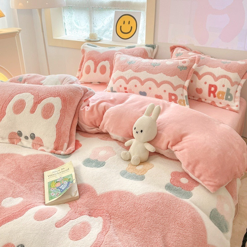 Winter Thick Warm Plush Comforter Cover Queen Bedding Sets Cartoon Quilt Cover Bed Sheet Pillowcase 4pcs Luxury Bed Linens