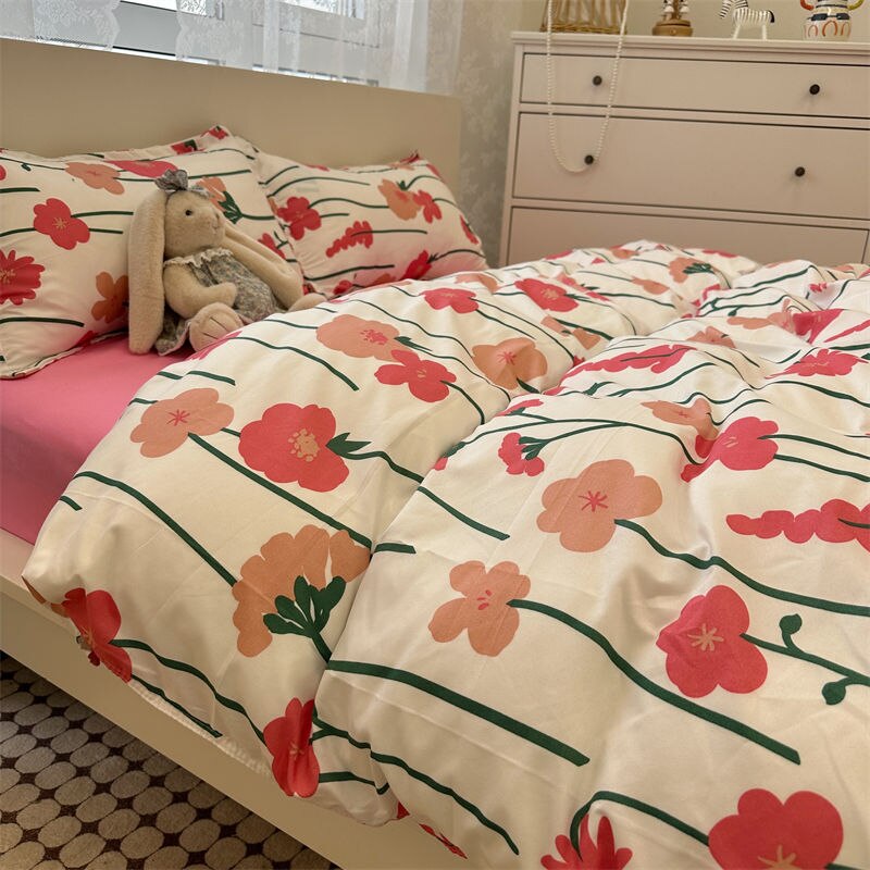 Fashion Bedding Set Kawaii Bear Boys Girls Duvet Cover Flat Sheet Pillowcase 2023 Spring Soft Single Double Size Bed Linen