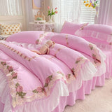 INS Korean Embroidery Ruffles Lace Bed Skirt Bedding Set Princess Girls Duvet Cover Pillowcase Solid Color Quilt Over Decor Home