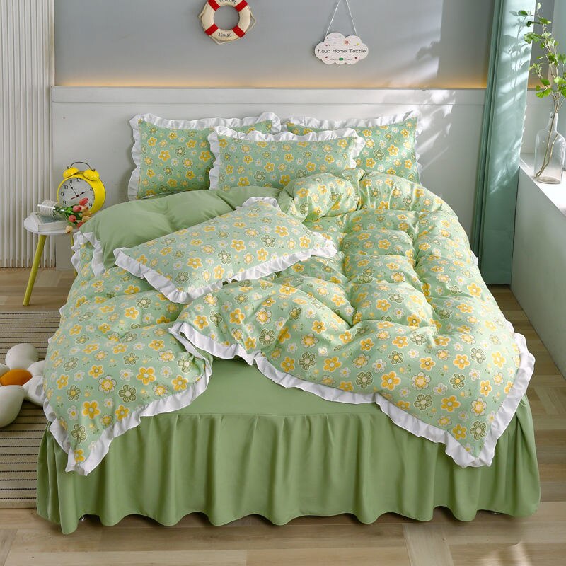 Simple Bedding Set Cute Girl Ruffle Lace Duvet Cover Bed Sheet Pillowcase Kawaii Cartoon Flower Quilt Cover 240x220cm