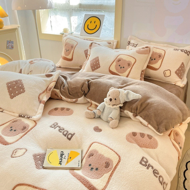 Winter Thick Warm Plush Comforter Cover Queen Bedding Sets Cartoon Quilt Cover Bed Sheet Pillowcase 4pcs Luxury Bed Linens