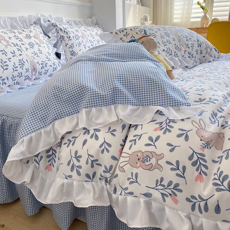 Simple Bedding Set Cute Girl Ruffle Lace Duvet Cover Bed Sheet Pillowcase Kawaii Cartoon Flower Quilt Cover 240x220cm