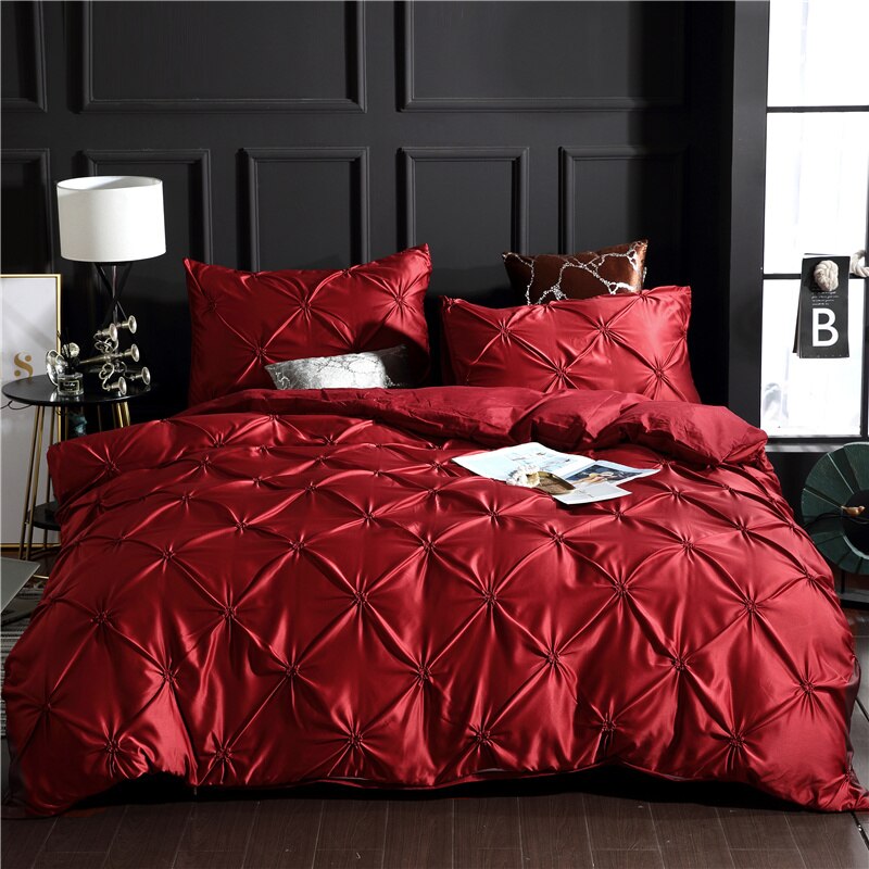 Qfdian Cozy apartment aesthetic hot sale new Luxury Emulation Silk Pinch Pleated King Size Bedding Set Satin High-end Duvet Cover Set Double Bed Quilt Cover with Pillowcase