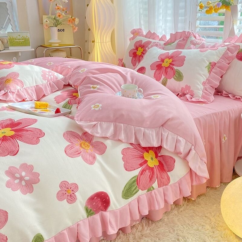 Purple Tulip Floral Printed Bedding Set Girl Princess Lace Duvet Cover Simple Flower Quilt Cover Bed Skirt Pillowcase