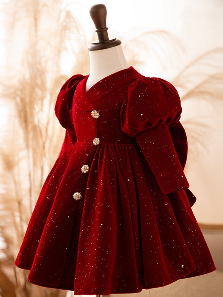 Qfdian christmas decor ideas nightmare before christmas Children&#39;s first birthday dress wine red velvet long sleeve Flower girl Baby princess dress Party Clothes for Christmas festive