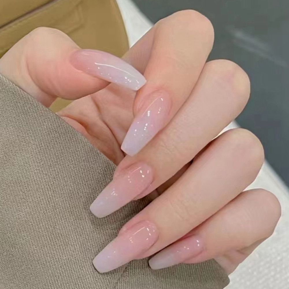 24PCS/Box 2023 New Artificial Nails With Glue Milky White Pink Gradients Long Ballet Full Cover Acrylic Nail Stick Fake Nail Tips