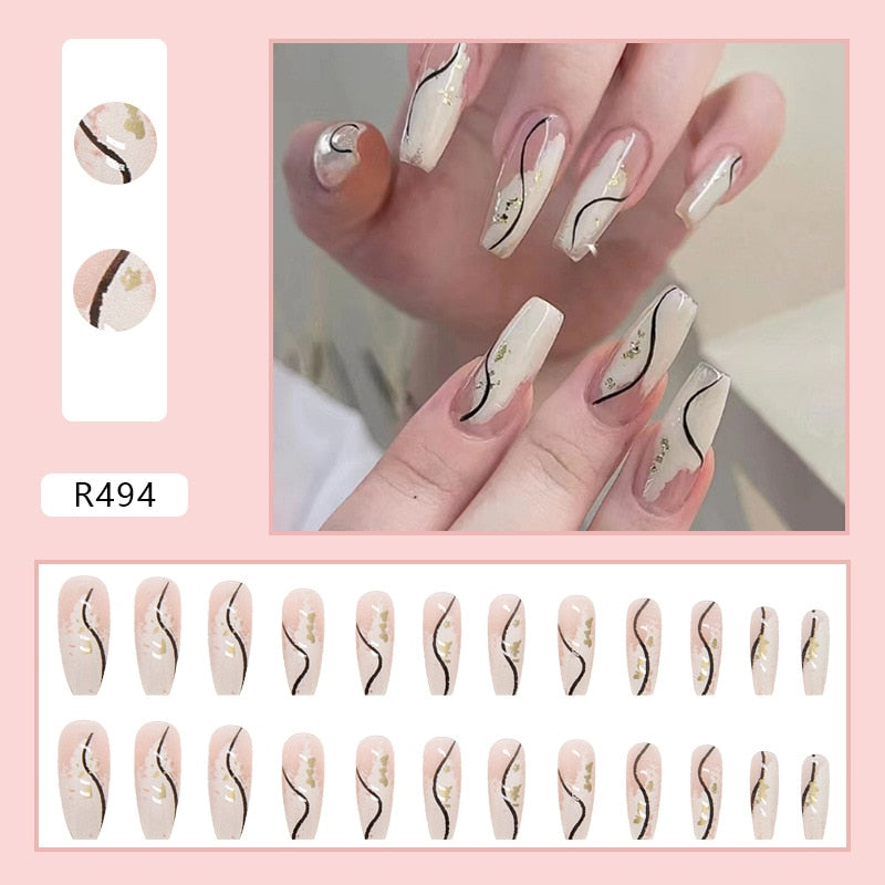 24PCS/Box 2023 New Artificial Nails With Glue Milky White Pink Gradients Long Ballet Full Cover Acrylic Nail Stick Fake Nail Tips