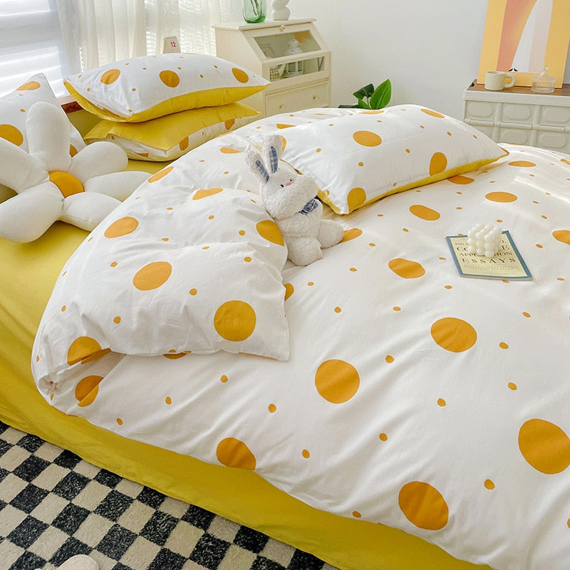 Cotton Bedding Set Pastoral Style Floral Bear Fitted Sheet Duvet Cover Pillowcase Fashion Cartoon Boy Girls Dormitory Bedclothes