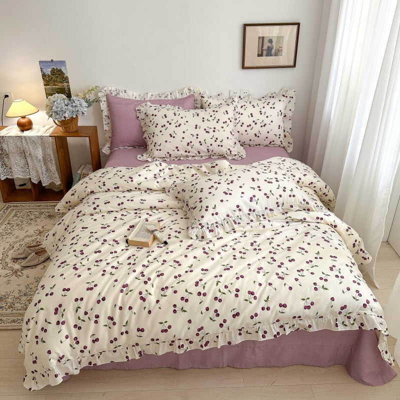 Qfdian 100% Cotton Small Floral Printed Lace Ruffle Bedding Set Simple Fresh Flower Single Duvet Cover Set Bed Linen Set Pillowcases