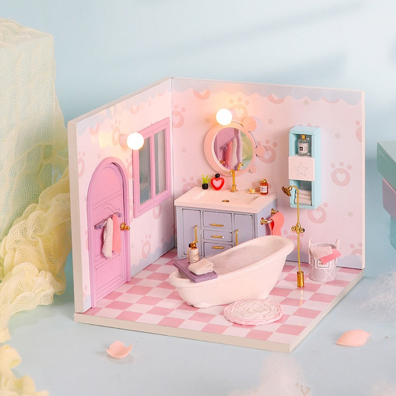 Qfdian Mini Dollhouse kit with Dust Cover Diy Wooden Doll House Miniatures Kit Dollhouse Furniture Accessories Toys for Childre