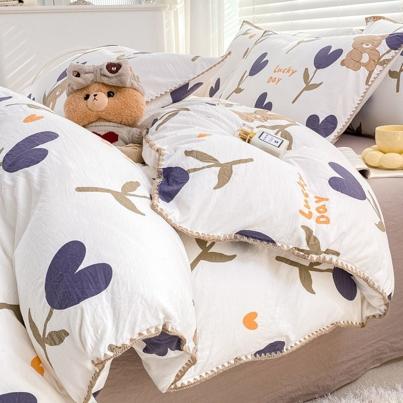 Cute Cartoon Bear Bedding Set Simple Duvet Cover Cotton Bed Linens Bed Sheets Pillowcase Single Double For Kids Decor Home