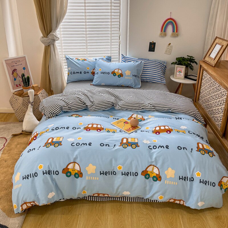 Kawaii Kids Bedding Set Soft Cotton Flat Fitted Sheet Duvet Cover Pillowcases Single Queen Cartoon Boy Girls Dormitory Bed Linen