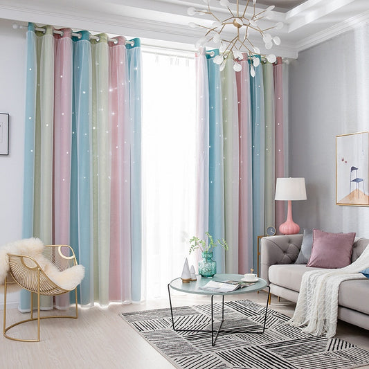 Qfdian Stars Tulle Curtains For Living Room Double Layer Blackout Curtain For Bedroom Kitchen Window Curtains Gradient Blinds Cloth
