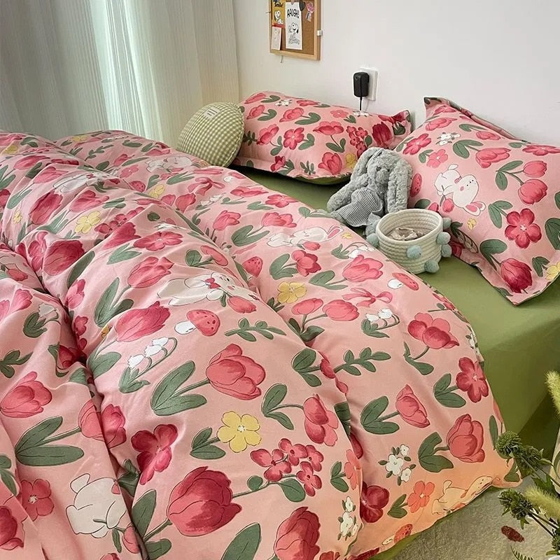 Ins Pink Tulip Bedding Set Floral Duvet Cover Flat Sheet with Pillowcases No Filling Single Queen Size Boys Girls Bed Linen