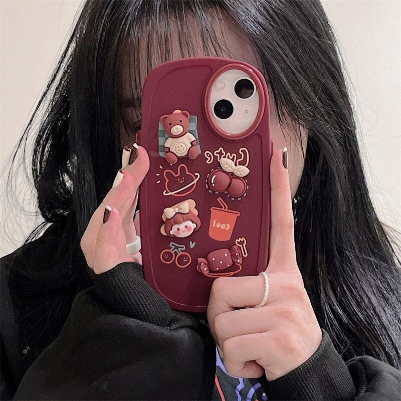 Qfdian iphone 13 pro max case For iphone 11 12 13 Pro Max XR Xs Max Phone Case Three-dimensional Cute Fashion Cartoon Girl Bear Candy Cherry Oval Frame Cover