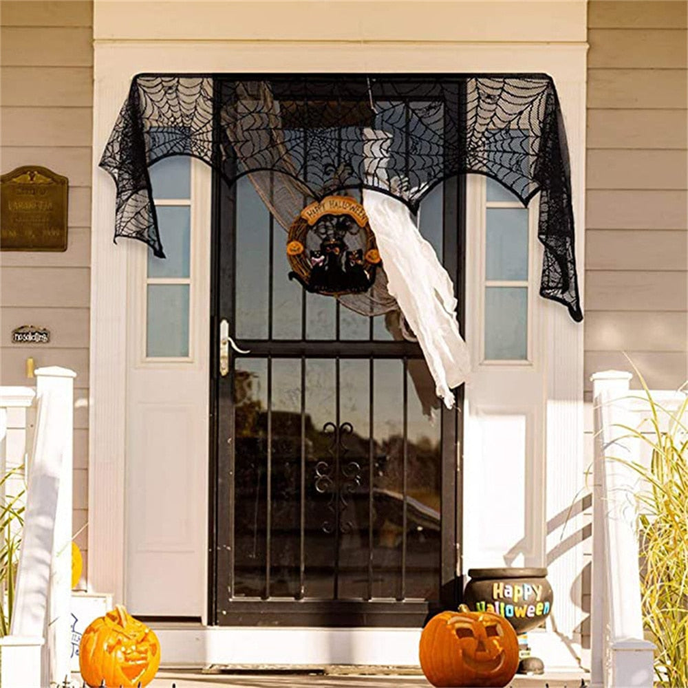 Qfdian halloween decorations halloween costumes halloween gift Halloween Bat Table Runner Black Spider Web Lace Tablecloth Fireplace Curtain for Halloween Party Decoration Horror House Props