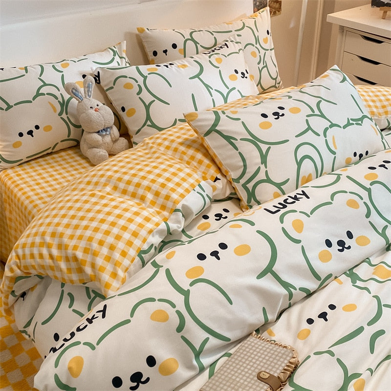 Qfdian Four Piece Bedding Set Cartoon Printed Cotton Bedsheets Set with Pillows Case Quilt Cover Three Piece Suit Home Textiles