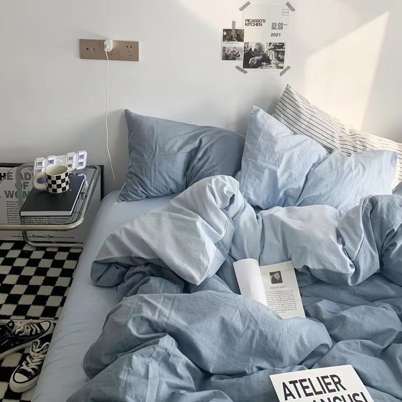 ins wind haze blue literary simple double spell washed cotton bed four-piece set dormitory three-piece bed sheet three-piece set