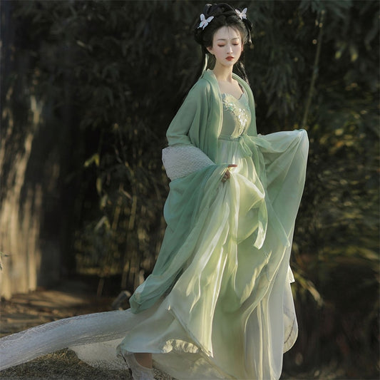 Women's Chinese Traditional Hanfu Weijin Dynasty Retro Loose Original Hanfu China Style Dress Green Chiffon Embroidered Dresses