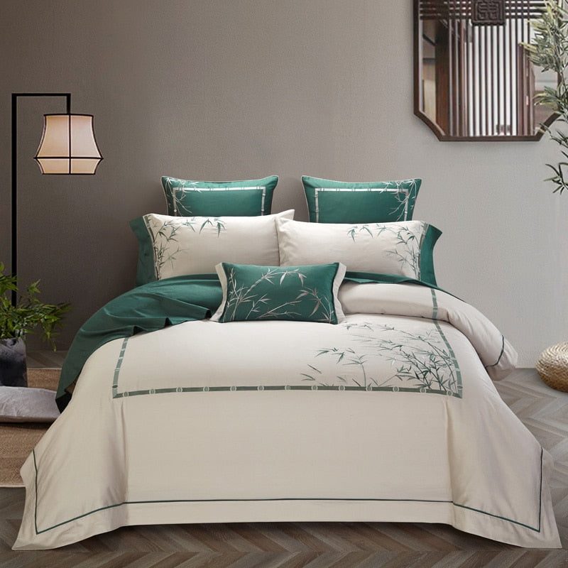 Chinese Style Magnoli Embroidered 4/7pcs Bedding Set 300TC Egyptian Cotton Sheet Pillowcase Duvet Cover Set (Queen King Size)