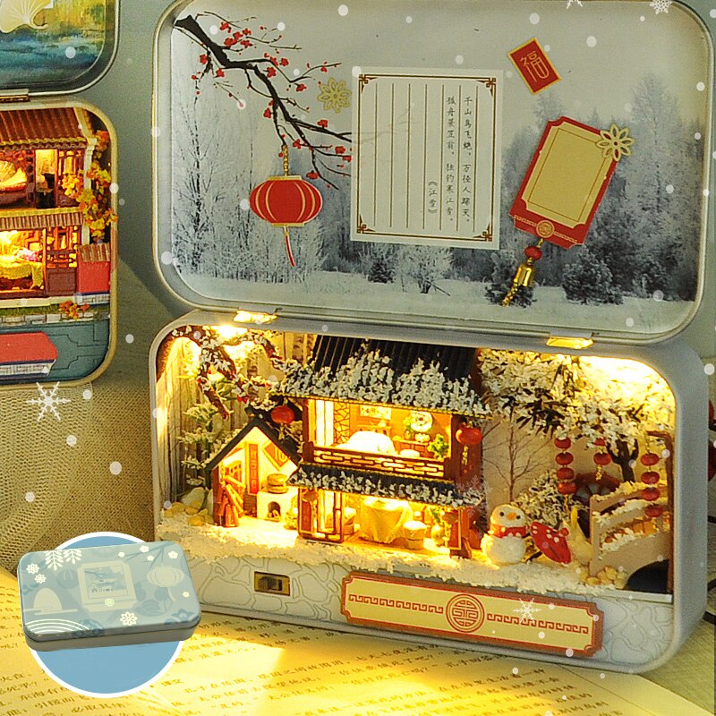 Qfdian Theater Box Miniature Doll House Furniture for Children Birthday Gift DIY Dollhouse Kit Build with Led Light Casa Toy