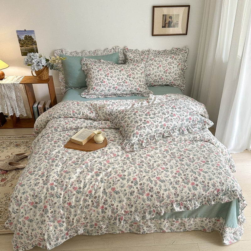 Qfdian 100% Cotton Small Floral Printed Lace Ruffle Bedding Set Simple Fresh Flower Single Duvet Cover Set Bed Linen Set Pillowcases