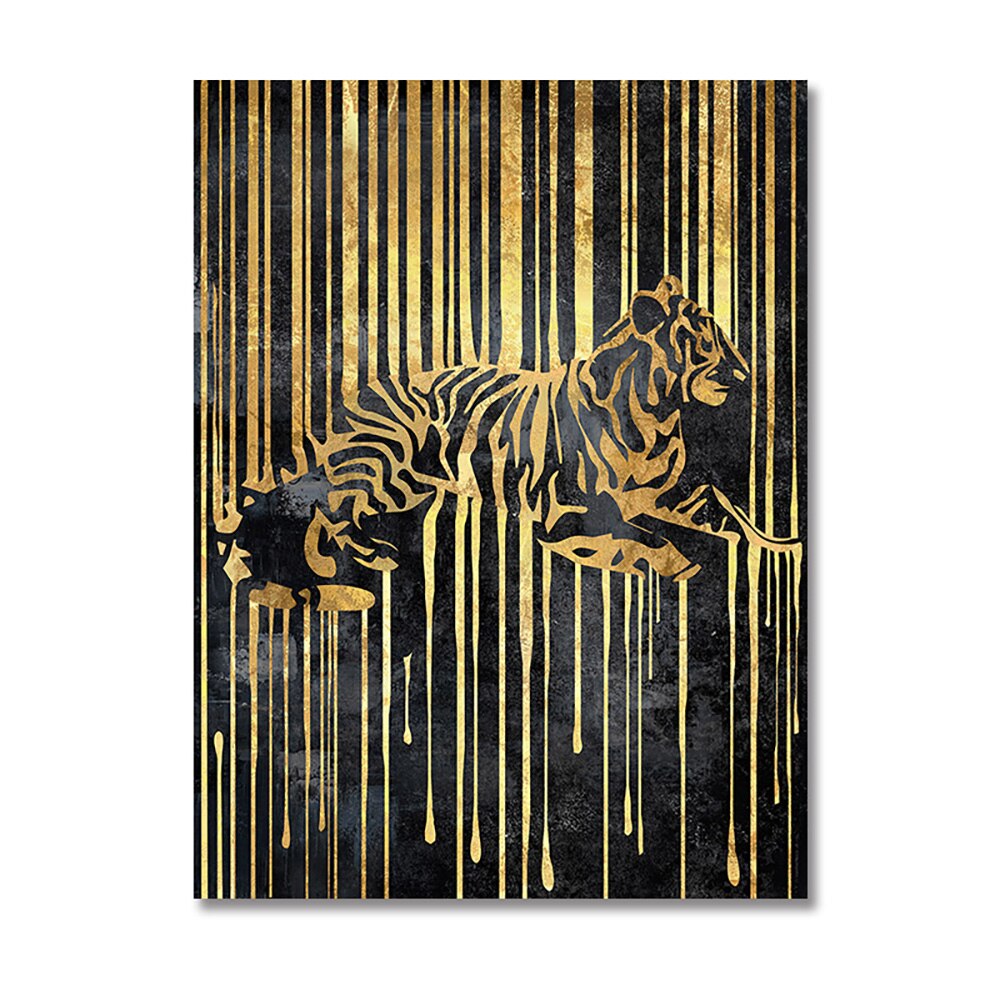 Black Golden Wall Art Canvas Painting Abstract  Lines Artwork Tiger Lions Elephant Animal Poster Prints Pictures For Home Decor