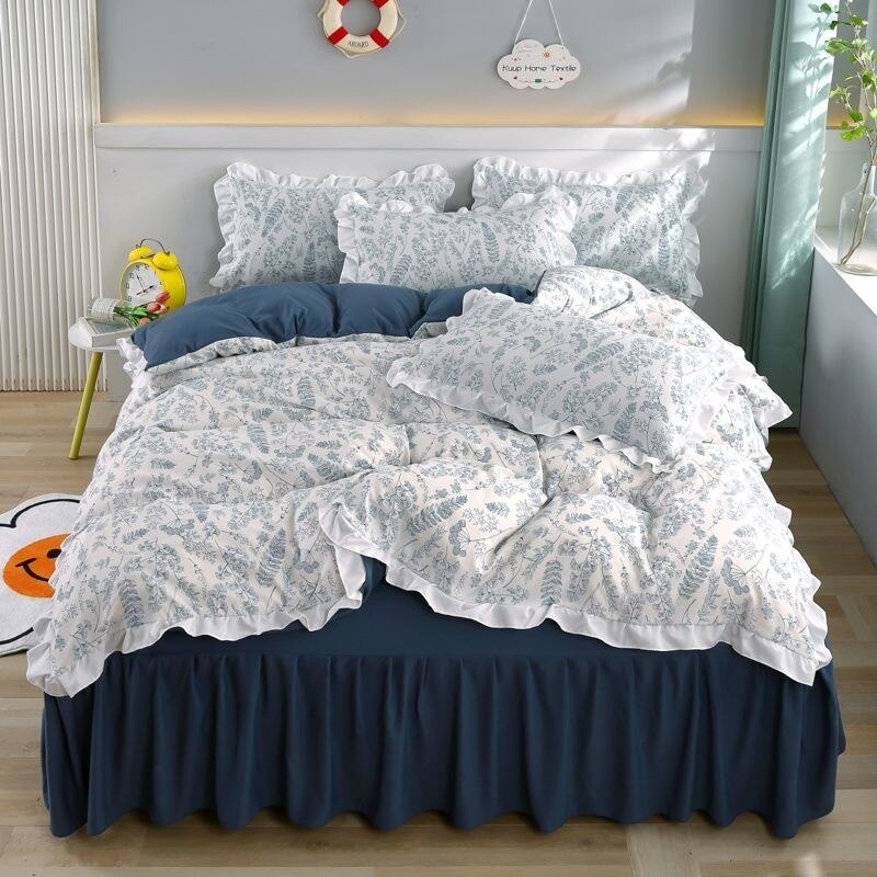 Simple Bedding Set Cute Girl Ruffle Lace Duvet Cover Bed Sheet Pillowcase Kawaii Cartoon Flower Quilt Cover 240x220cm