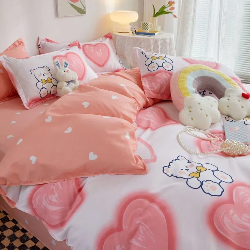 Boys Girls Bedding Set Fashion Adult Children Bed Linen Duvet Quilt Cover Pillowcase Cute Cartoon Bear Polyester Flat Sheets